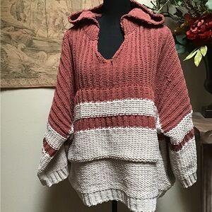 Cozy Hooded Knit Sweater - Rust and Cream